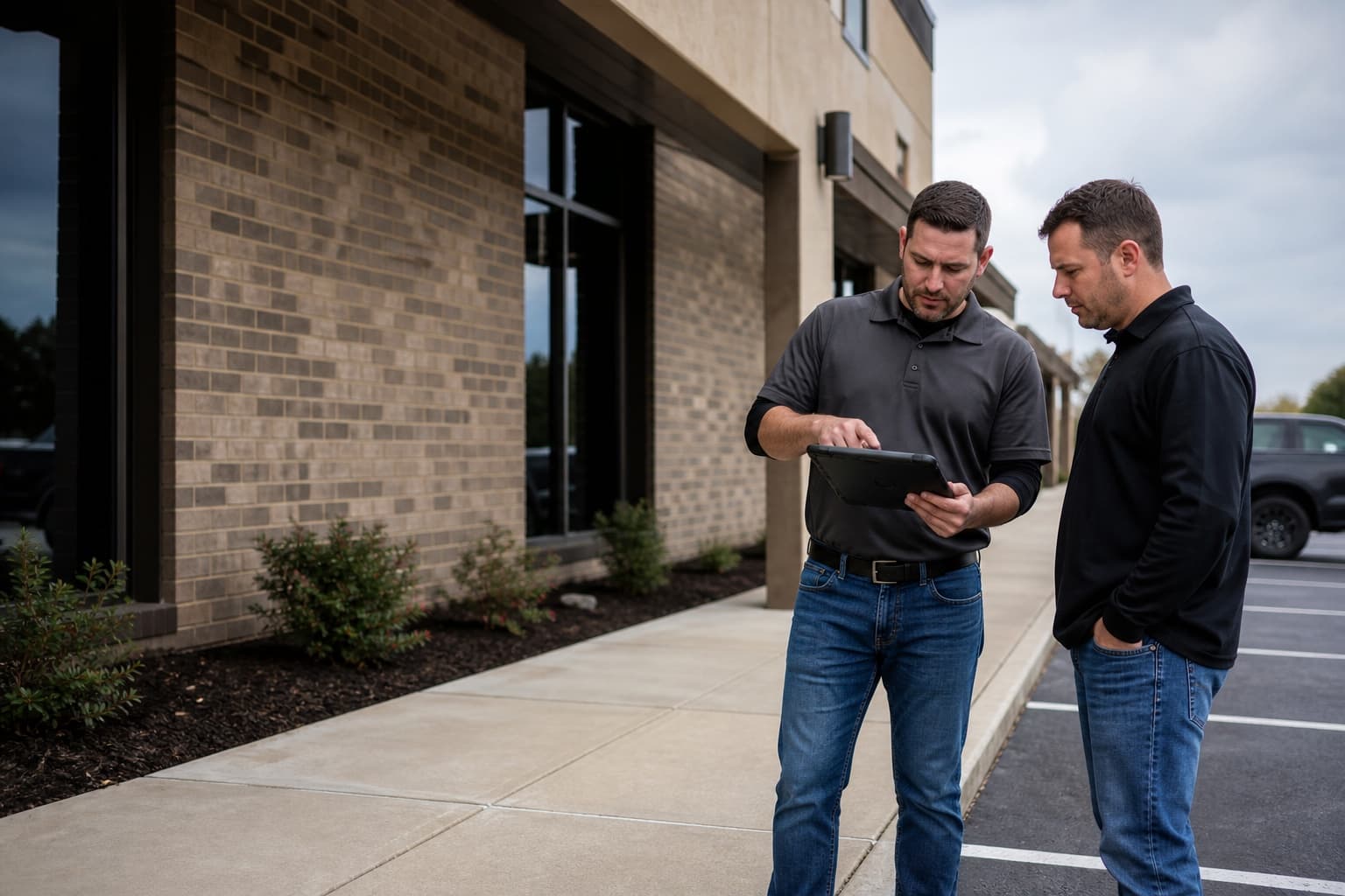 Foundation professionals reviewing a commercial property exterior in Dallas-Fort Worth