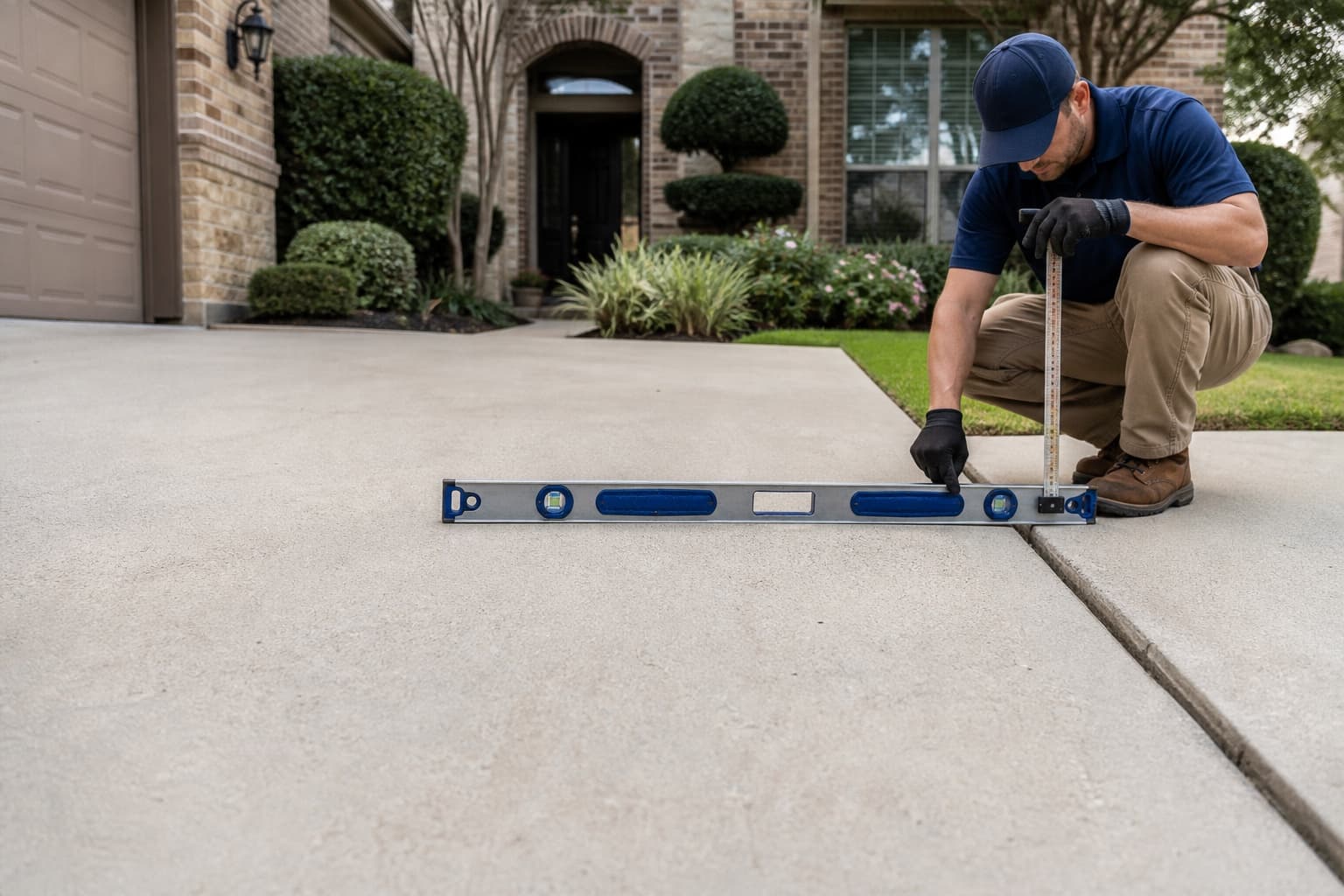 Technician measuring a settled joint in a North Texas concrete driveway