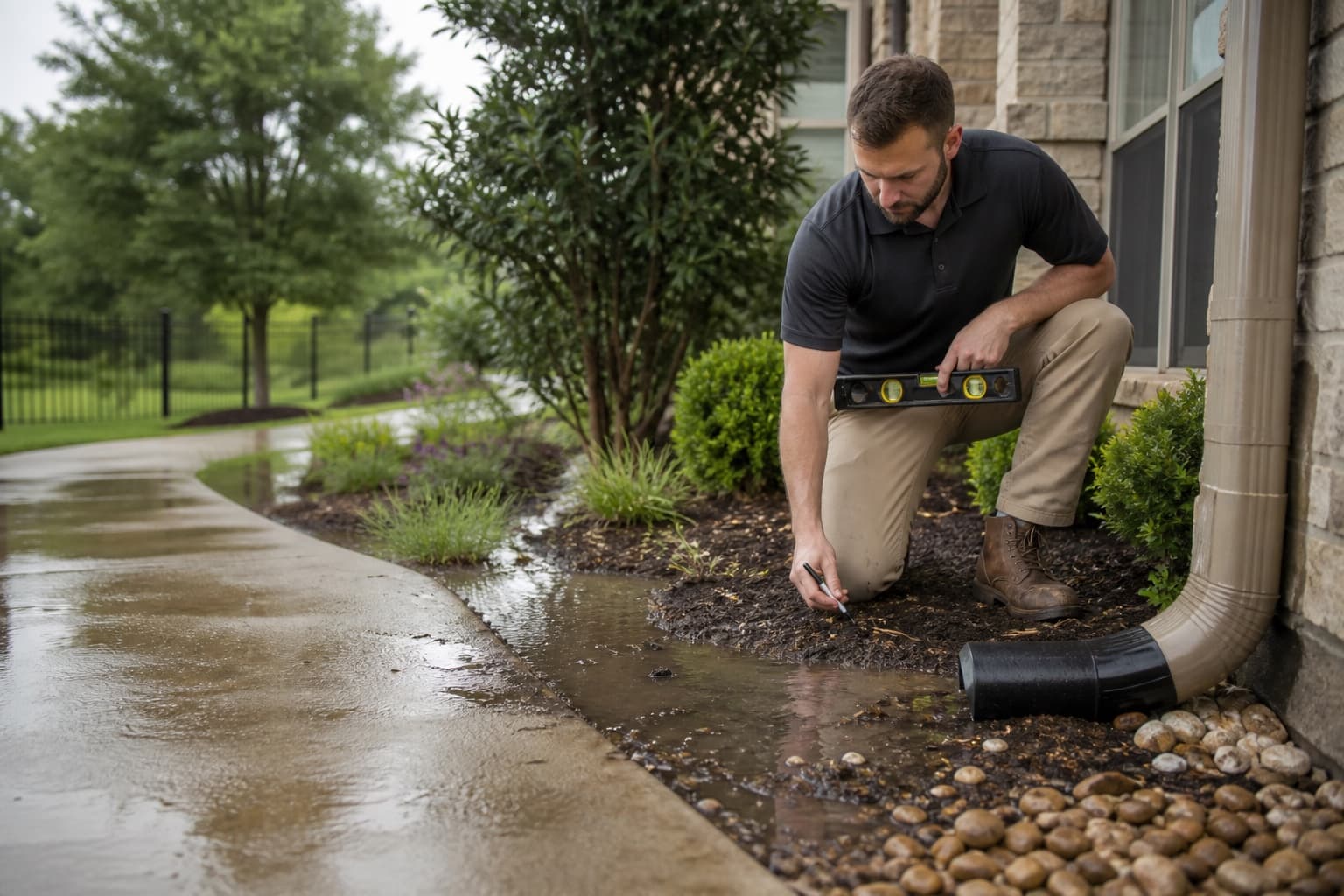 Technician evaluating rainwater collection beside a North Texas home