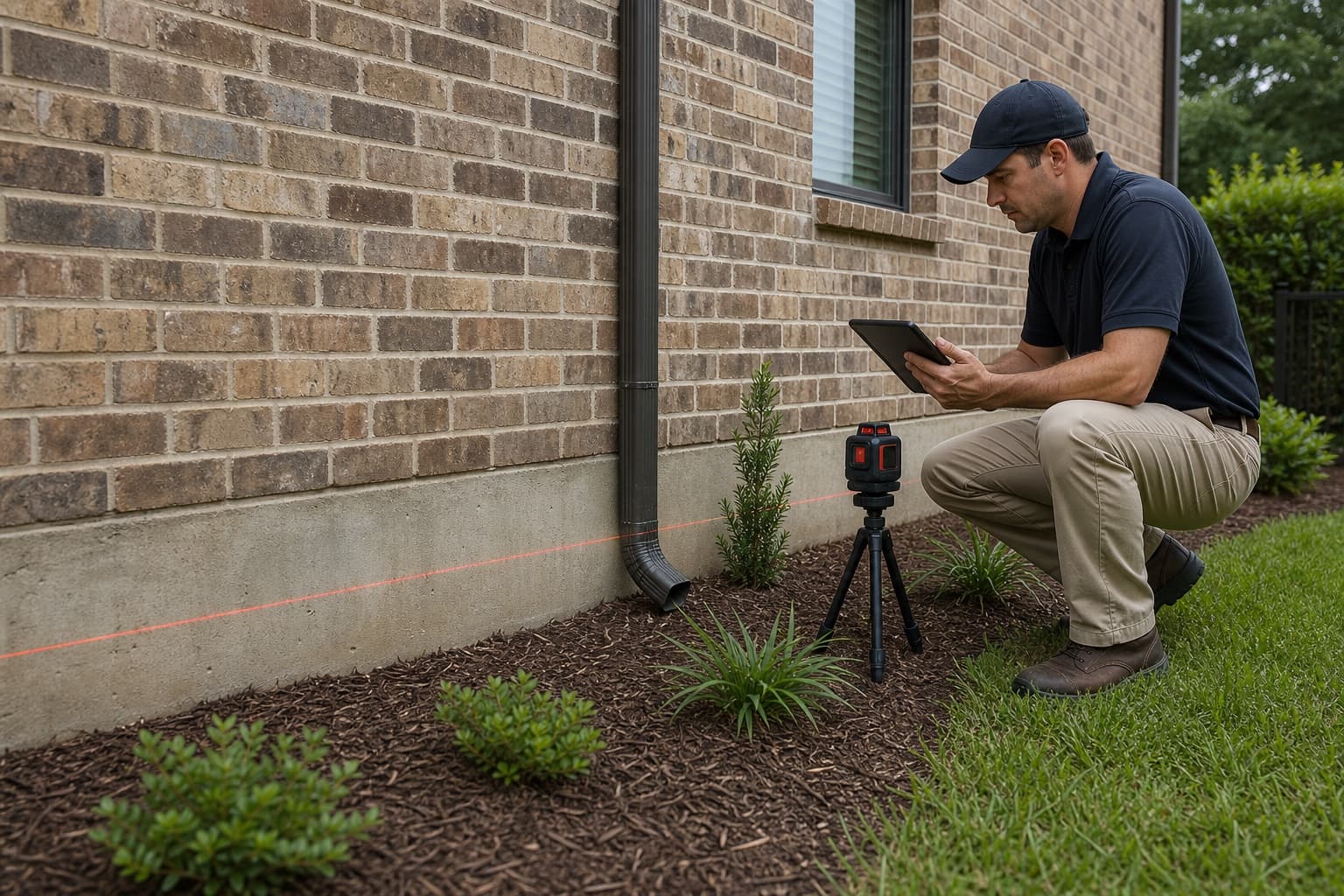 Foundation inspector reviewing measurements at a North Texas home