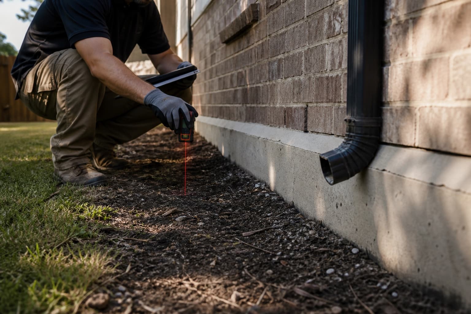 Foundation specialist reviewing exterior movement signs at a North Texas home