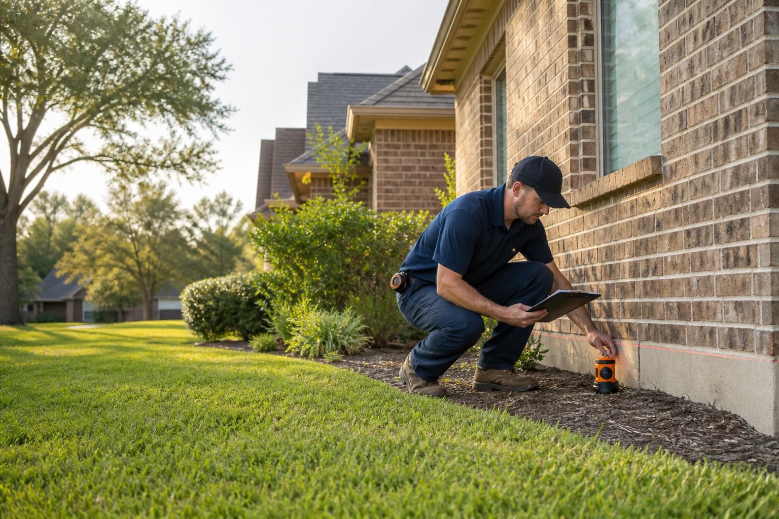 Foundation inspector evaluating the exterior of a North Texas brick home