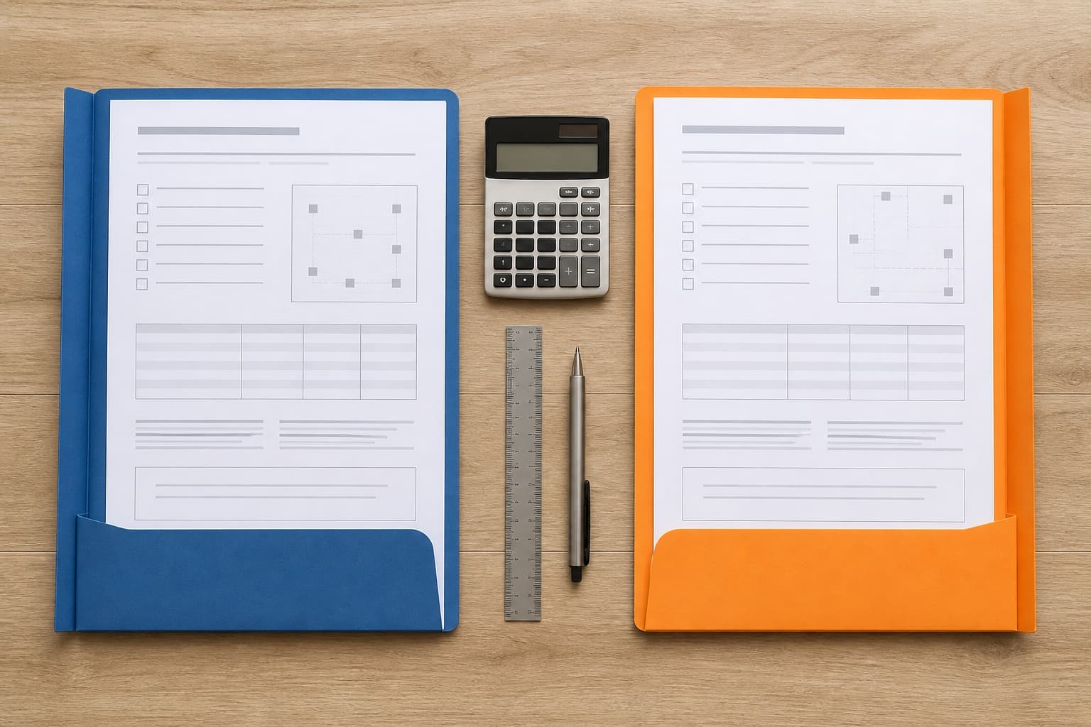 Two color-coded foundation estimate folders separated by a calculator and measuring tools