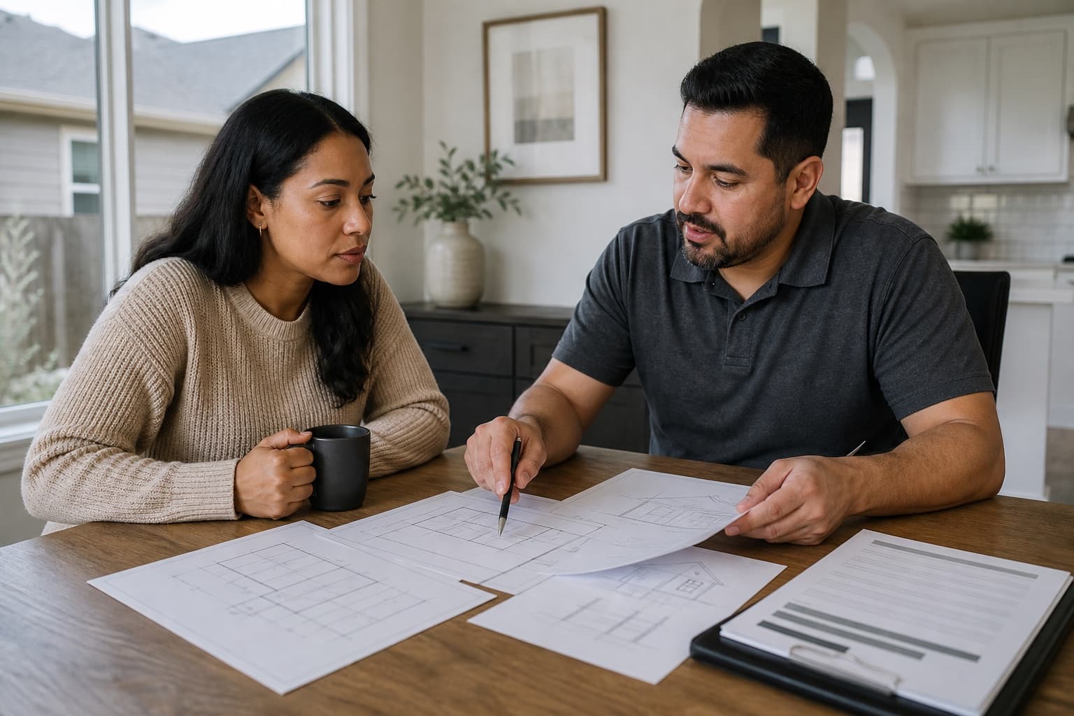 Homeowner and contractor reviewing foundation plans and an abstract proposal packet at a table