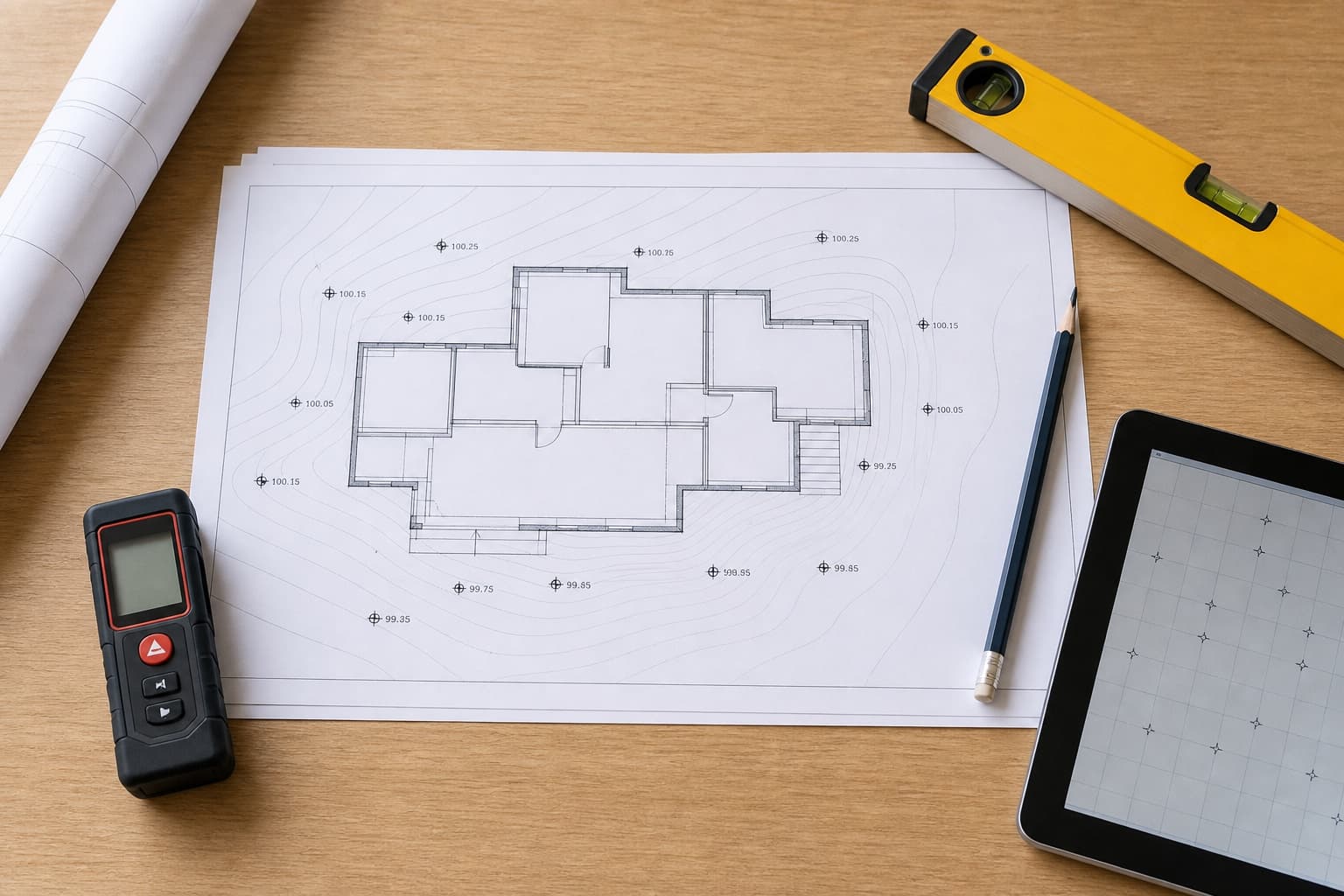 Foundation elevation plan beside a laser meter, level, pencil, and tablet