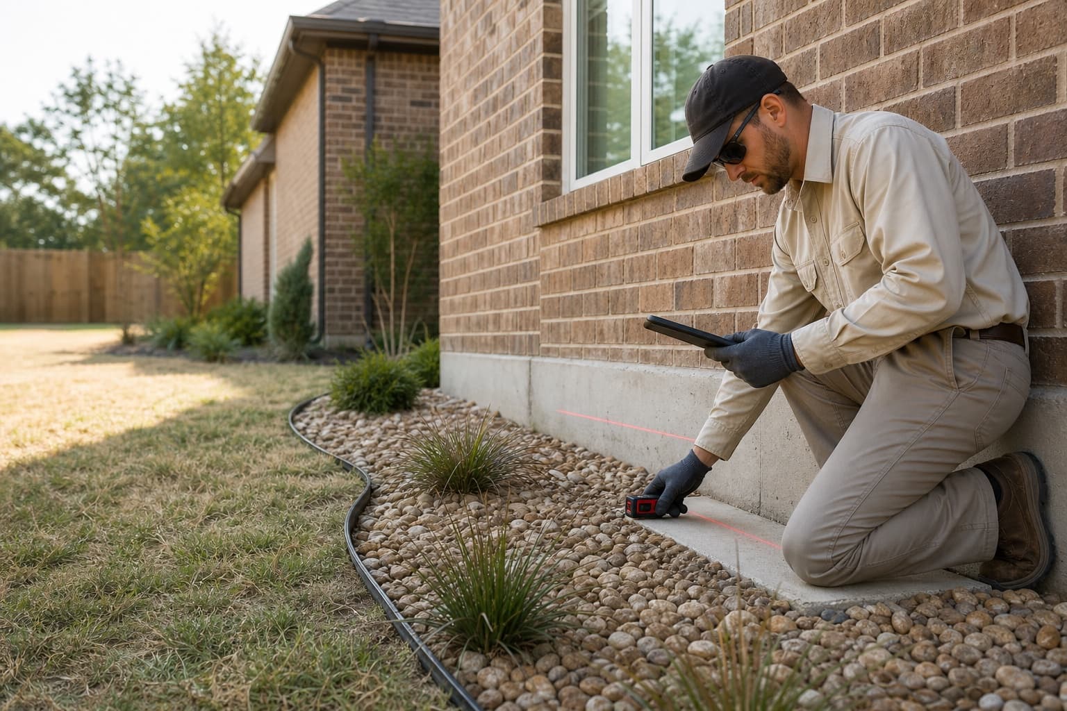 Technician measuring the slab perimeter of a North Texas brick home